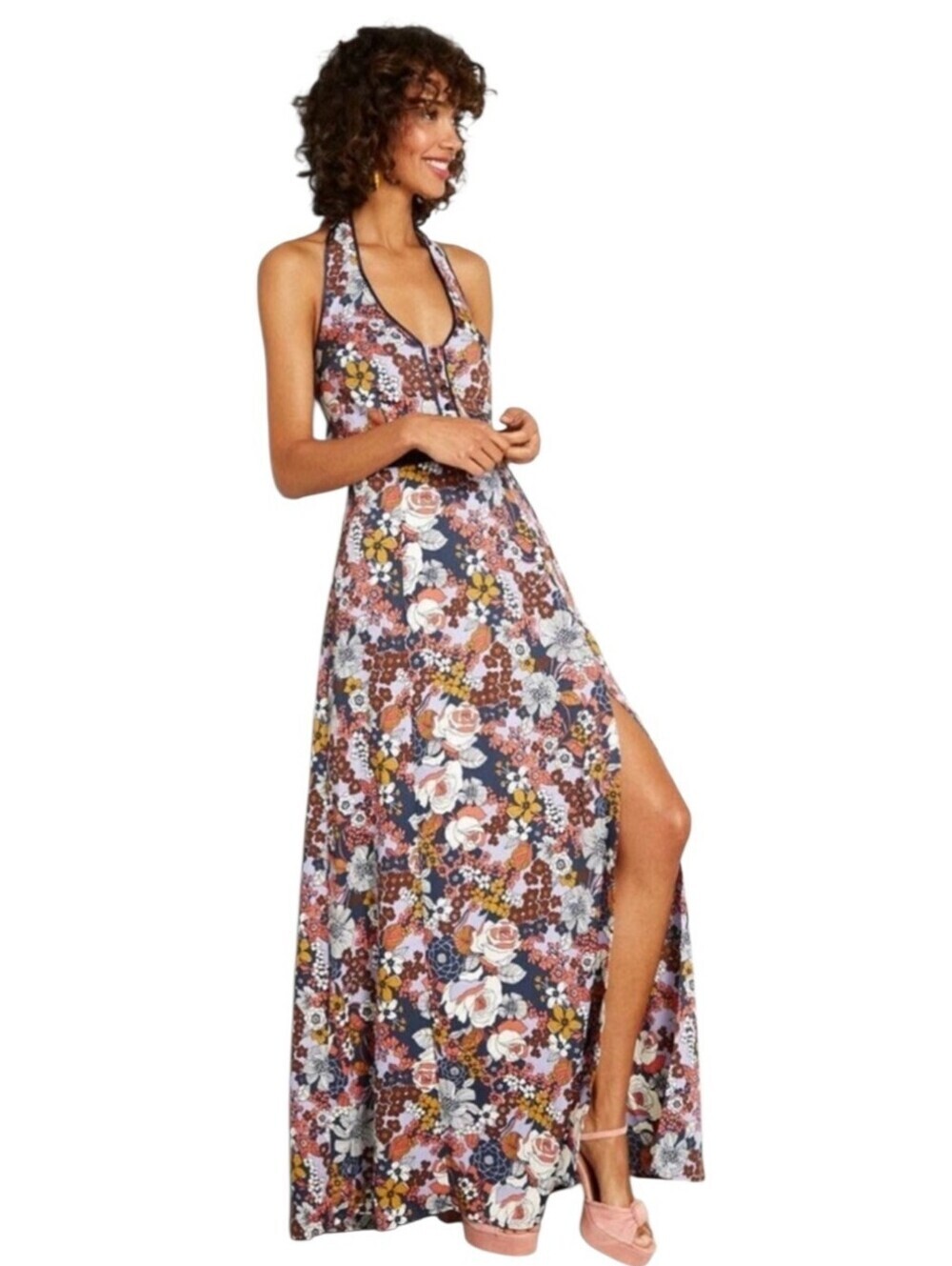 ModCloth Halter Floral Multicolored Maxi Dress Sz 10 Boho Feminine Brunch Casual